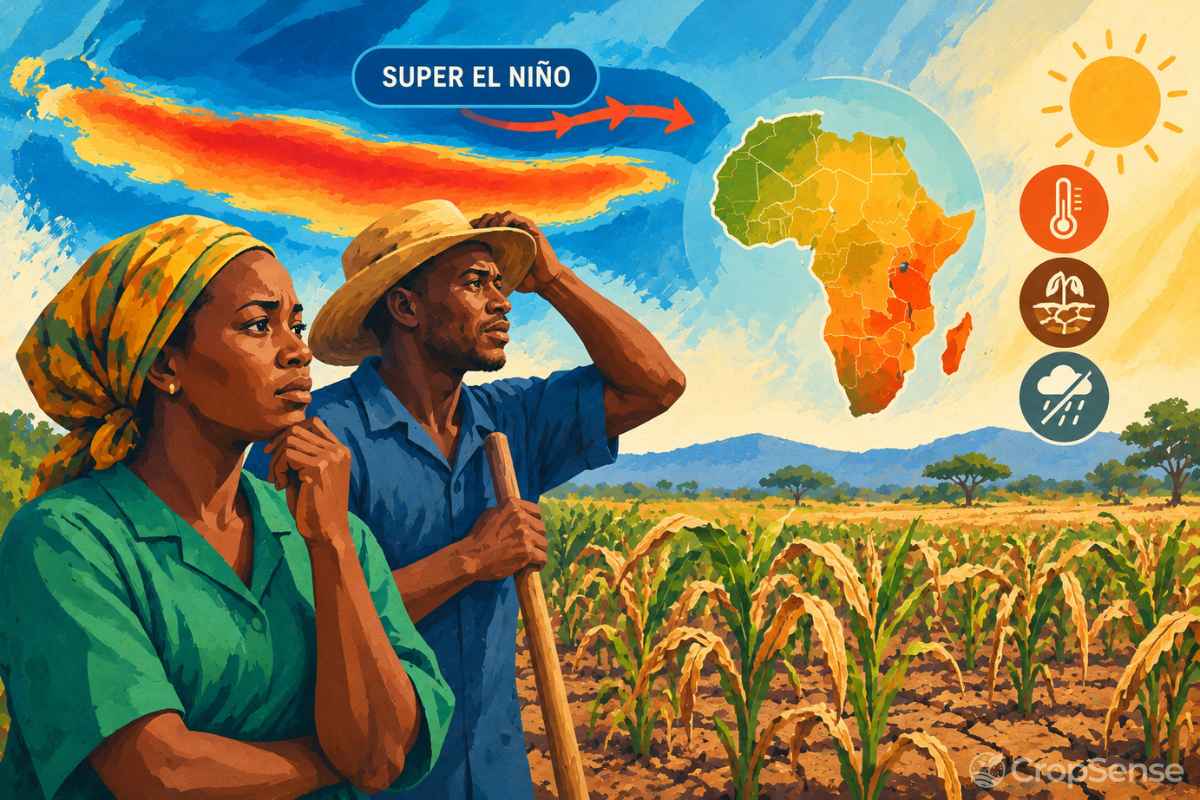 Illustration of two worried African farmers beside a drought-stressed maize field, with a Super El Niño heat plume and a map of Africa showing climate risk